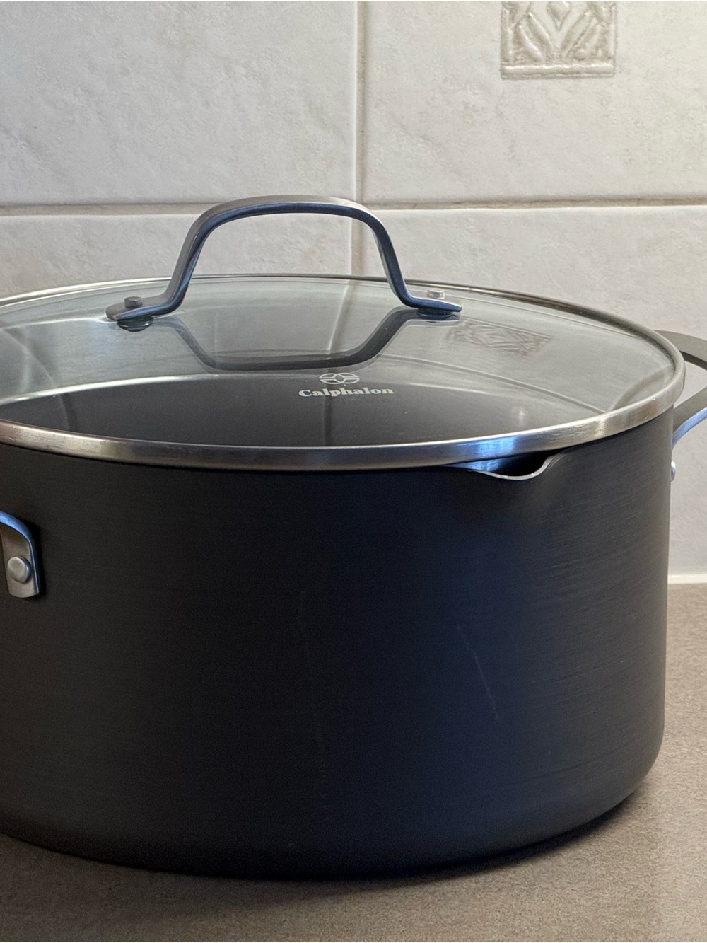 Calphalon Black Nonstick Stockpot with Glass Lid and Riveted Handles